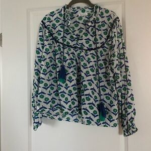 THML Blue and Green Patterned Blouse with Tassels